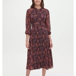 Tommy Hilfiger Black and Brown Paisley Long Sleeve Dress